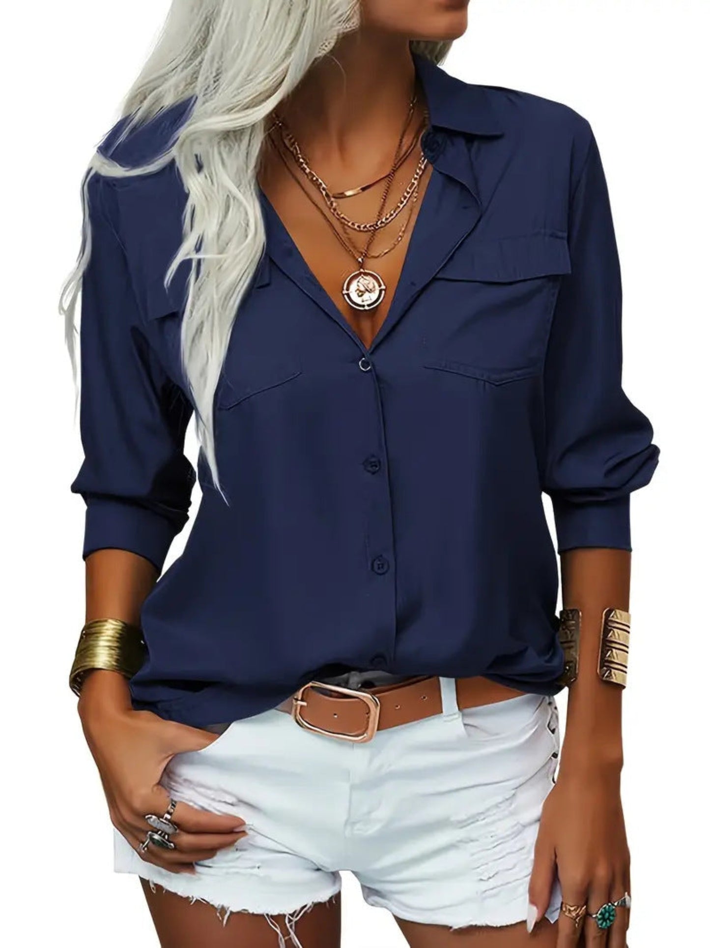 Women's Elegant Solid Chiffon Blouse Spring Summer Casual Long Sleeve V Neck Loose Shirt Office Lady Tunics Tops
