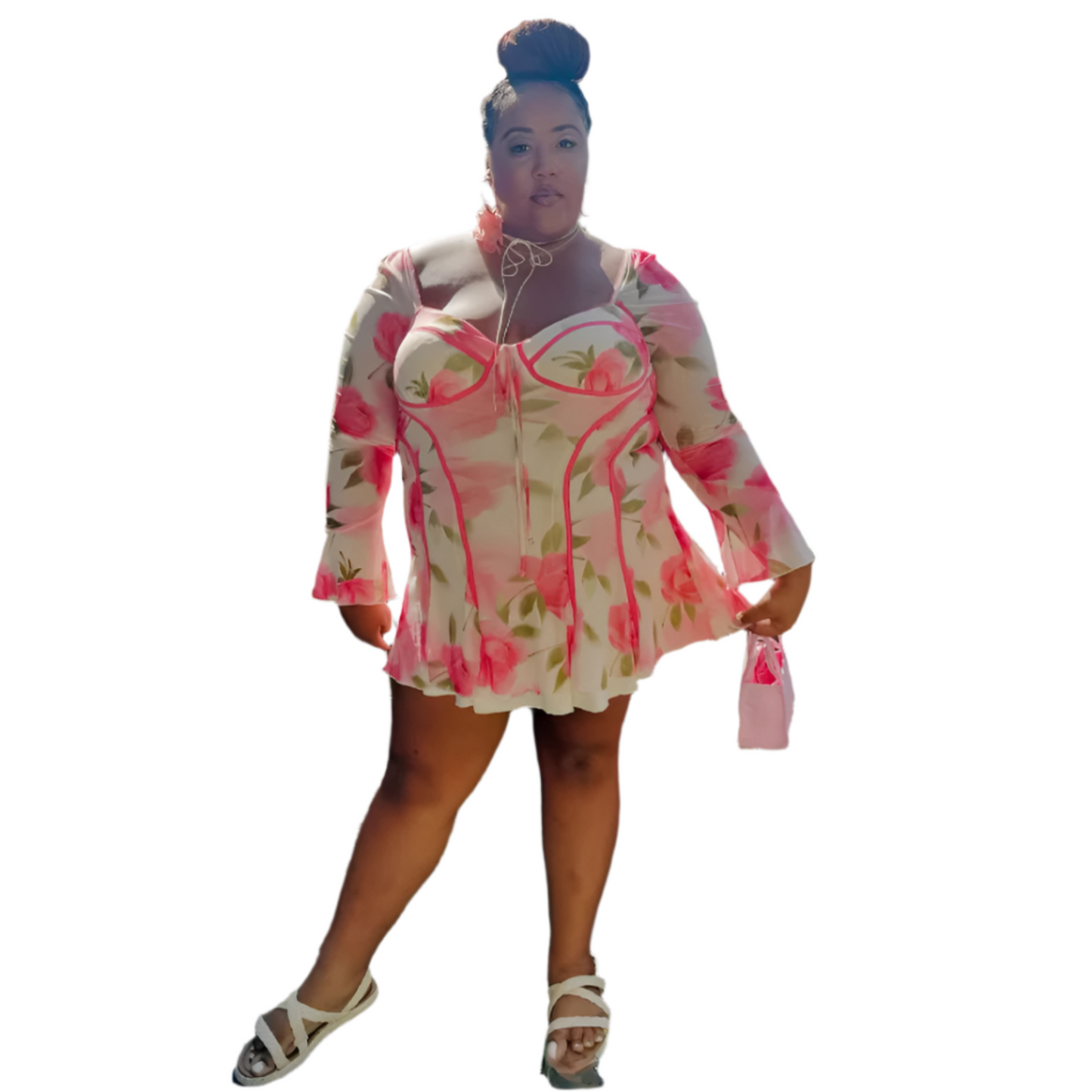 Women's Flared Long Sleeve Tied Lotus Leaf Flower Print Dress
