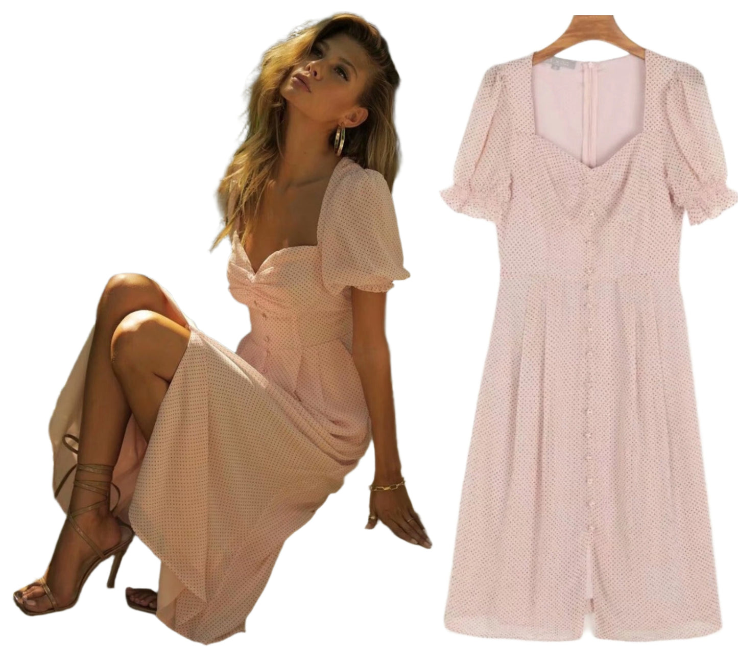 Summer Womens Boho Holiday Chiffon Casual Square Collar Polka Dot Printed Button Shorts Sleeve Dress