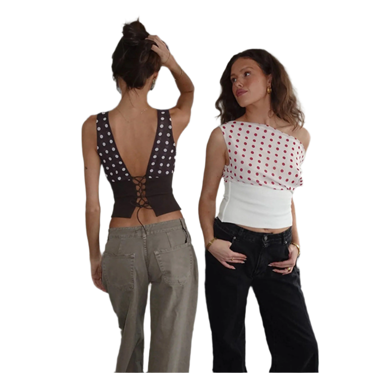 Polka Dots Print Oblique Shoulder Tops Summer Patchwork Chiffon Crop Top Women Sexy Sleeveless Lace Up Backless Blouse Casual Streetwear Tee