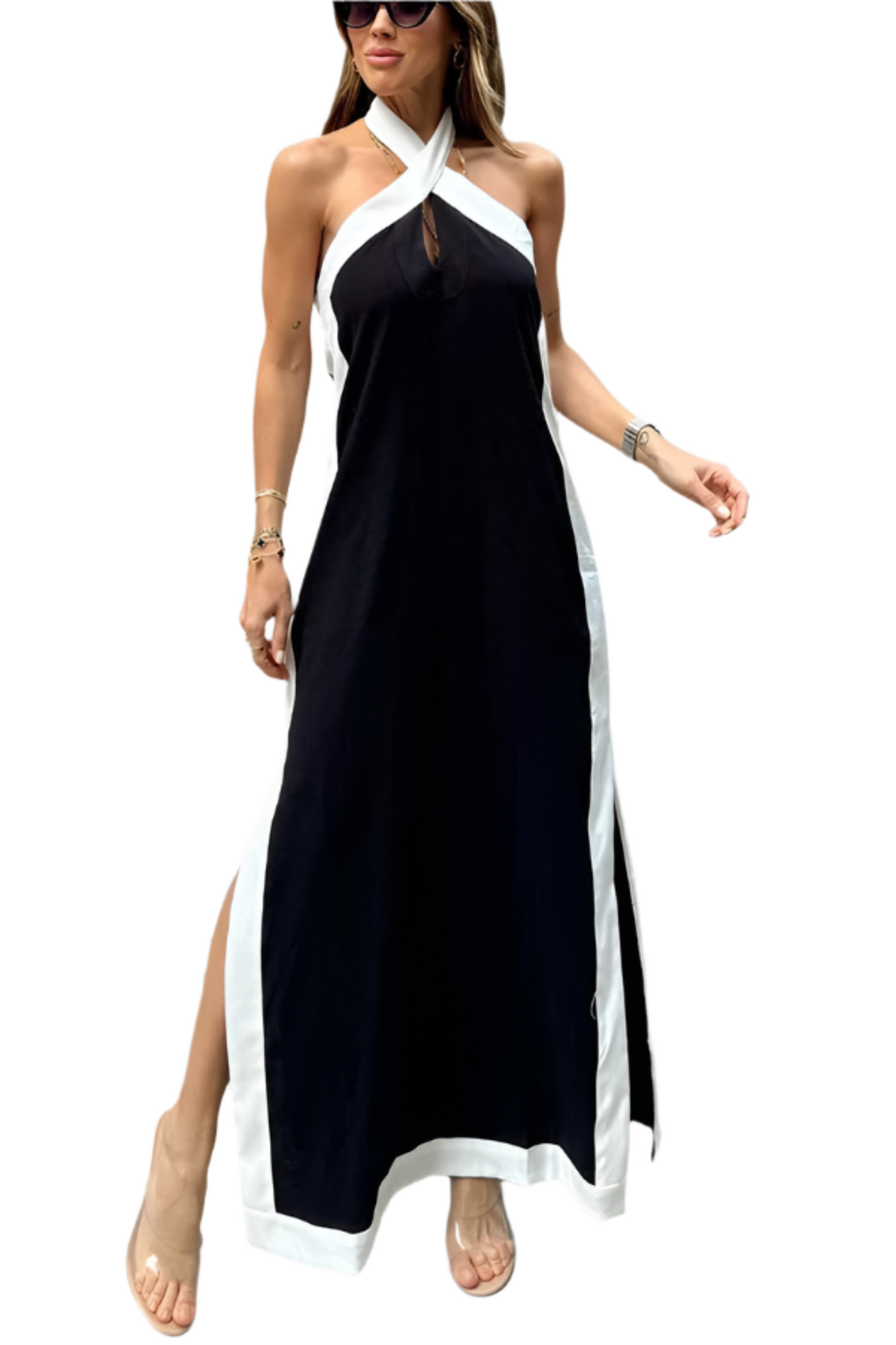 Cotton And Linen Backless Halter Split Dress