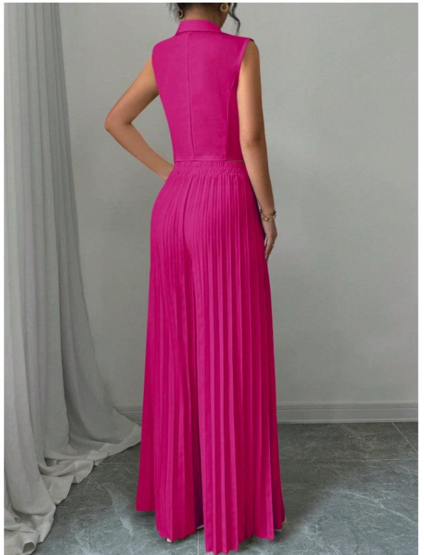Summer Sleeveless Suit Fashion Lapel Button Vest Top And Pleated Straight Pants Women's Trousers Set Clothing