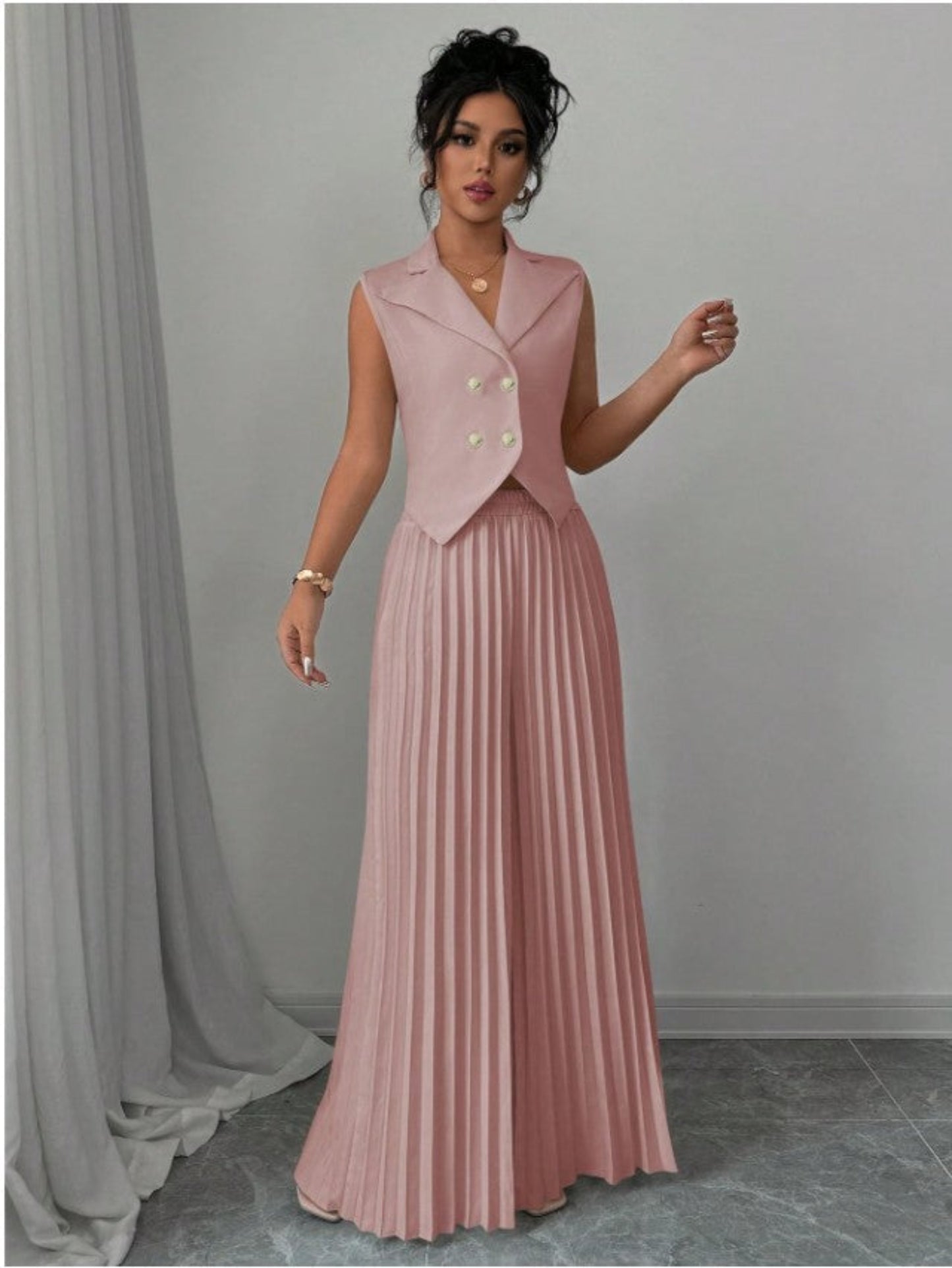Summer Sleeveless Suit Fashion Lapel Button Vest Top And Pleated Straight Pants Women's Trousers Set Clothing