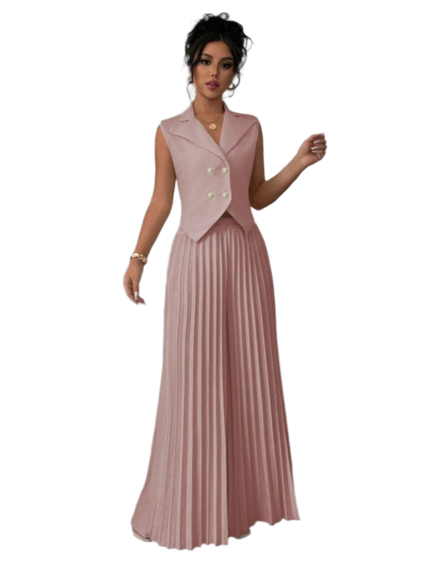 Summer Sleeveless Suit Fashion Lapel Button Vest Top And Pleated Straight Pants Women's Trousers Set Clothing