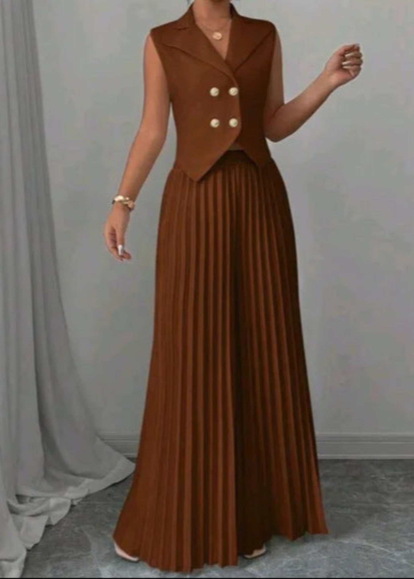 Summer Sleeveless Suit Fashion Lapel Button Vest Top And Pleated Straight Pants Women's Trousers Set Clothing