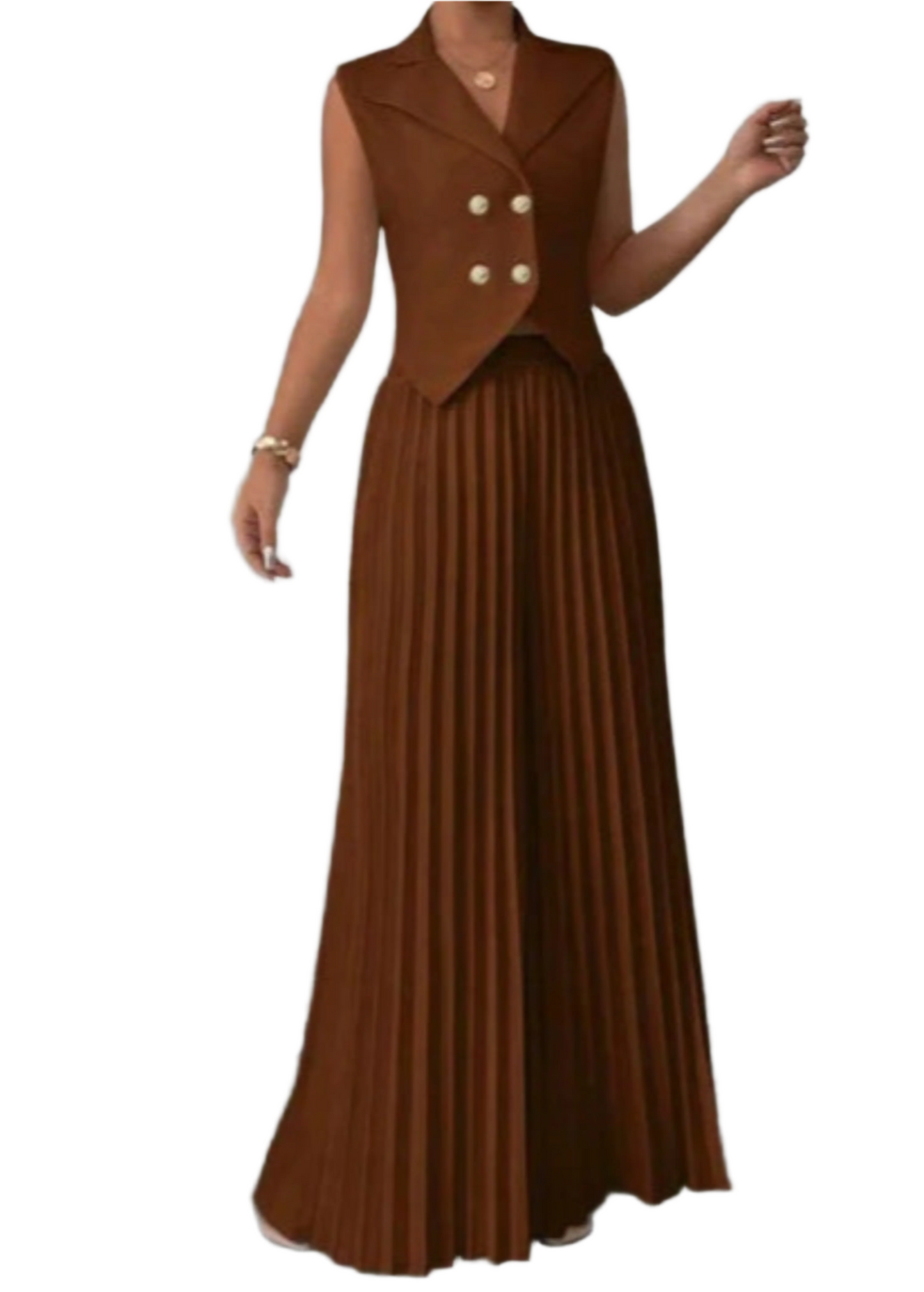 Summer Sleeveless Suit Fashion Lapel Button Vest Top And Pleated Straight Pants Women's Trousers Set Clothing