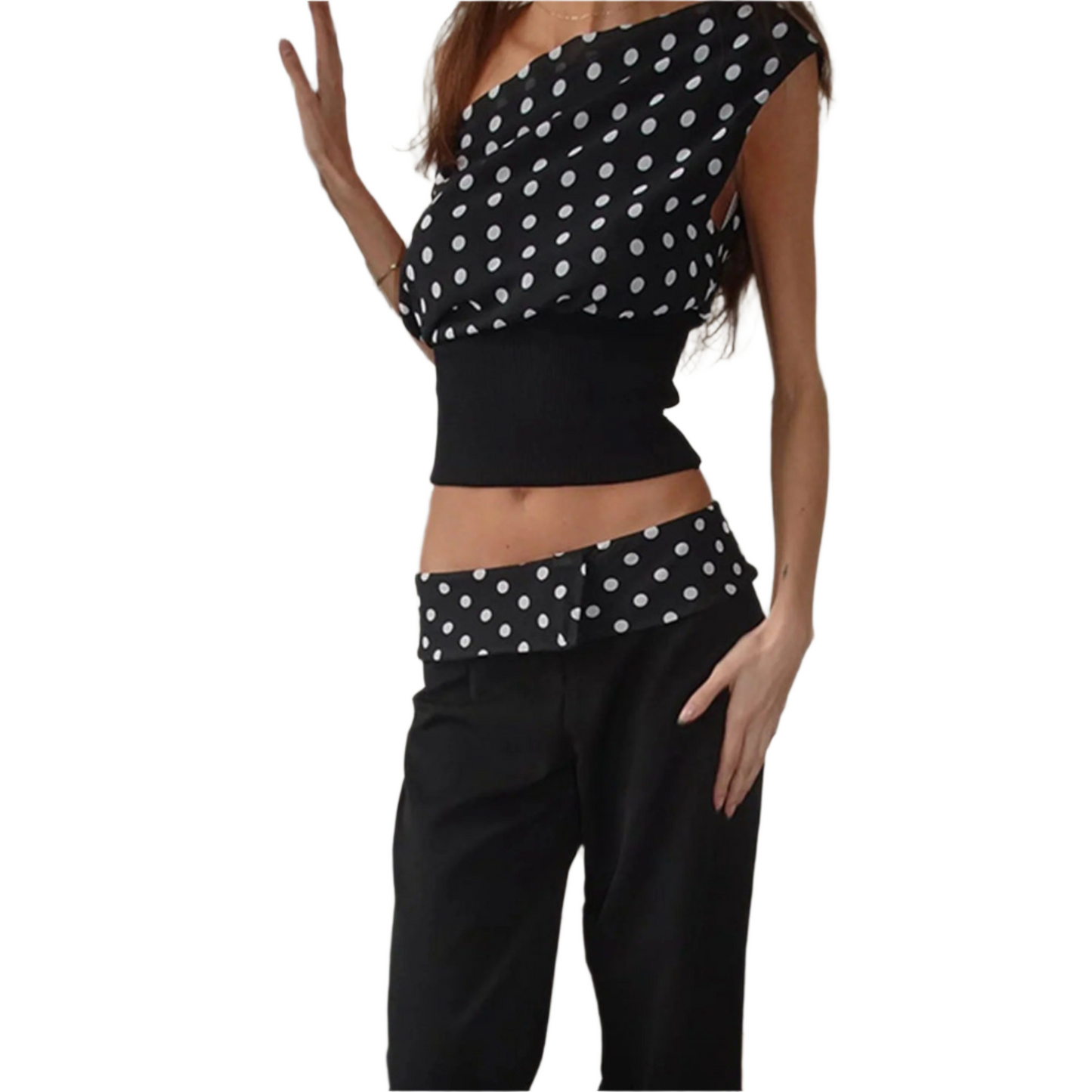 Polka Dots Print Oblique Shoulder Tops Summer Patchwork Chiffon Crop Top Women Sexy Sleeveless Lace Up Backless Blouse Casual Streetwear Tee