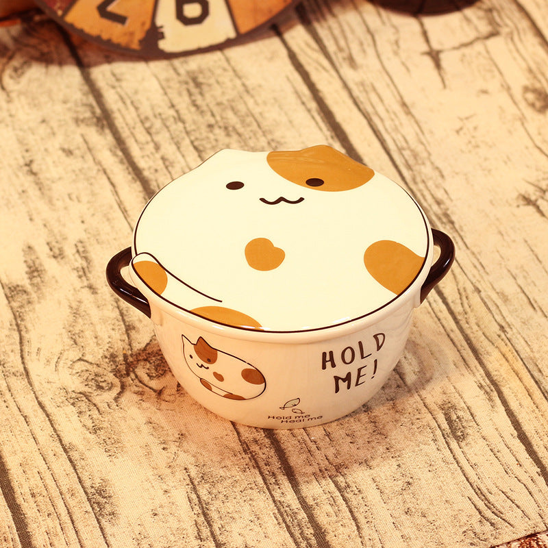 Kawaii Japanese Cat Bowl High Capacity Spoon with Lid Ceramics Instant Noodle Bowl Young Girl Dorm Room Student Office Bowls Mug
