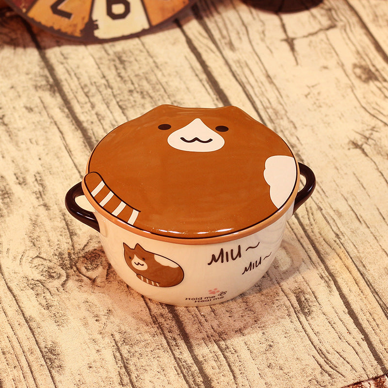 Kawaii Japanese Cat Bowl High Capacity Spoon with Lid Ceramics Instant Noodle Bowl Young Girl Dorm Room Student Office Bowls Mug