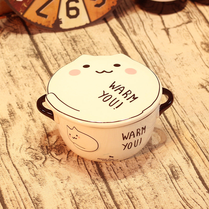 Kawaii Japanese Cat Bowl High Capacity Spoon with Lid Ceramics Instant Noodle Bowl Young Girl Dorm Room Student Office Bowls Mug