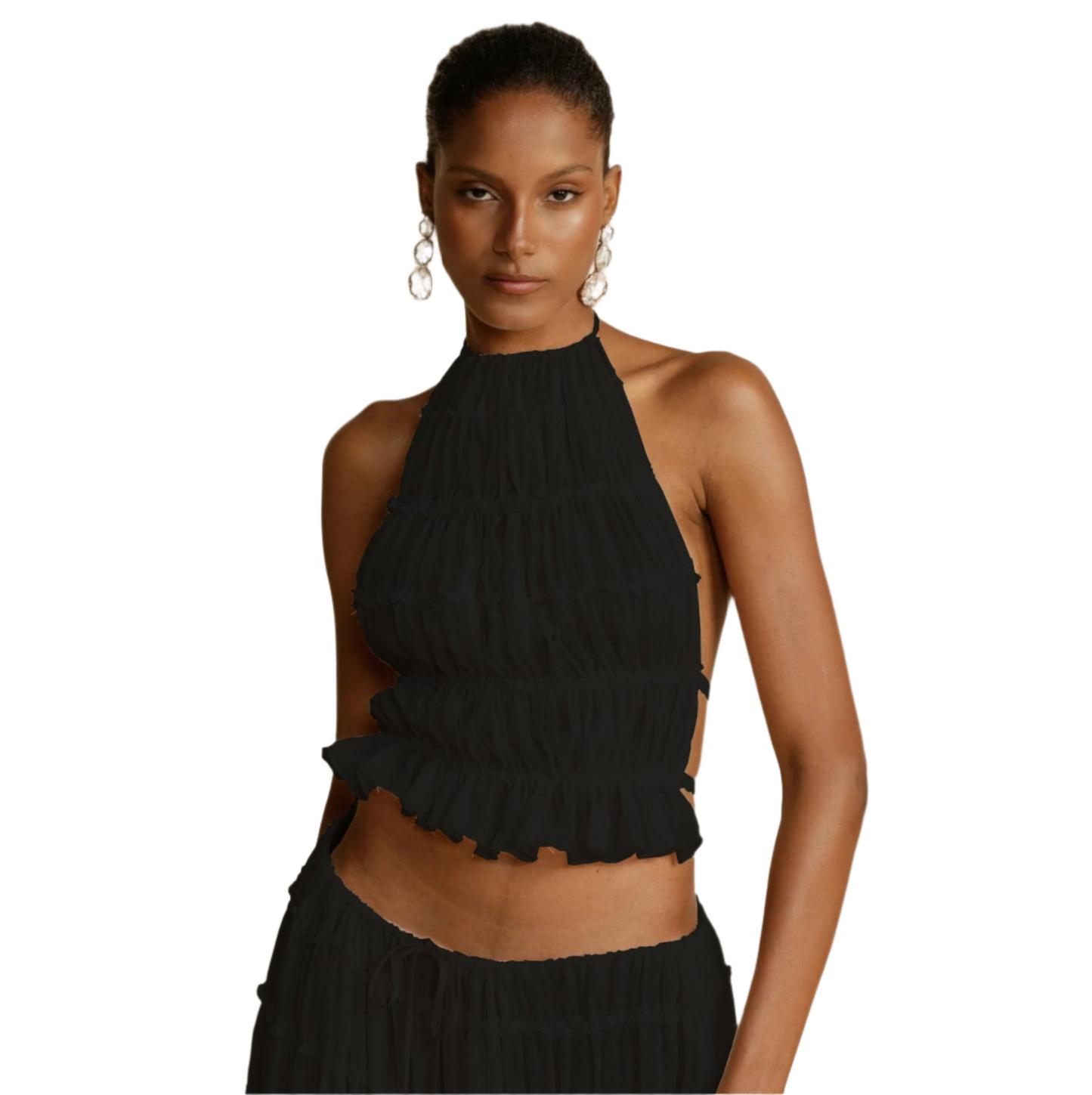 2pcs Women's Dress Suit Sexy Sleeveless Backless Cropped Halter Top And Pleated Long Skirt Beach Clothing