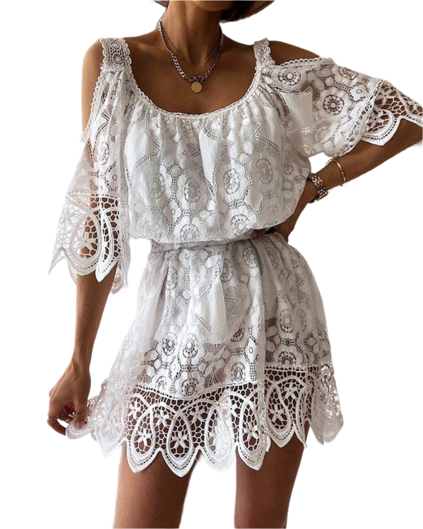 Solid Color Shoulder Hollow Lace Dress