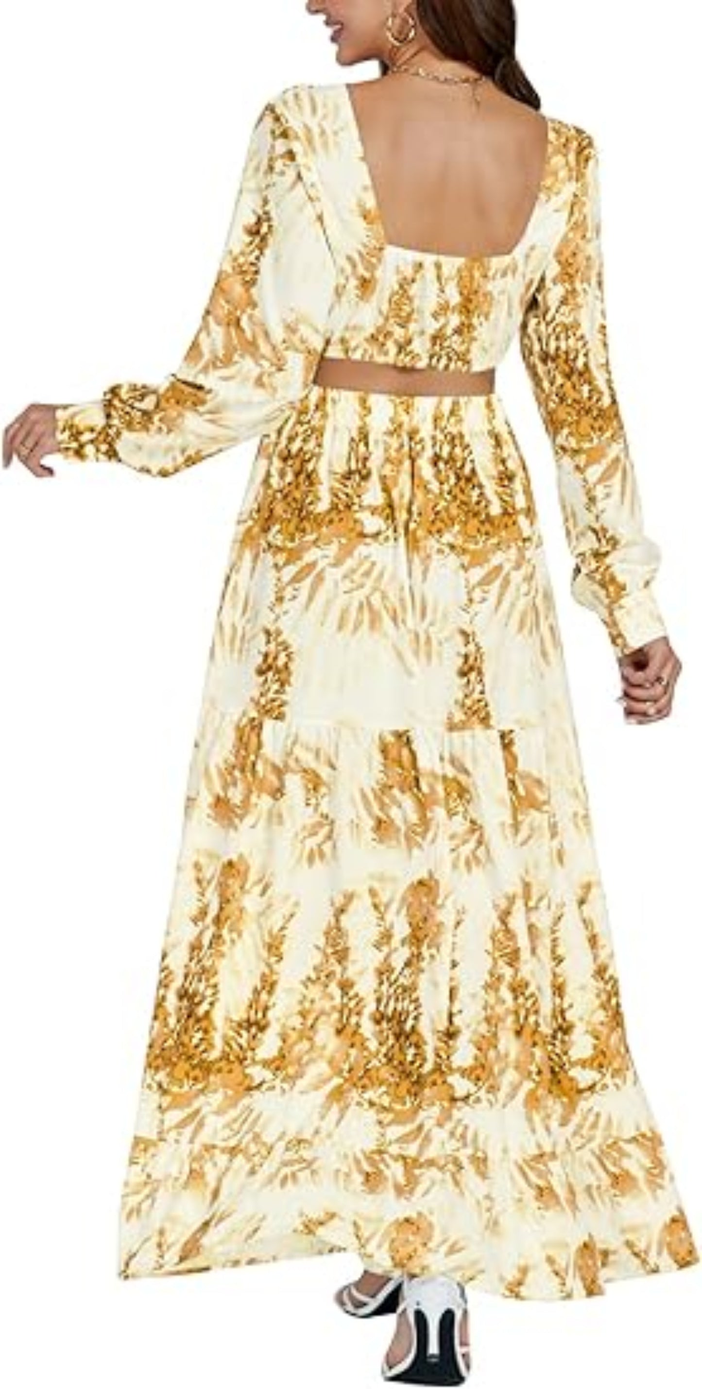 Hollow Floor V-neck Long-sleeved Plant Dress