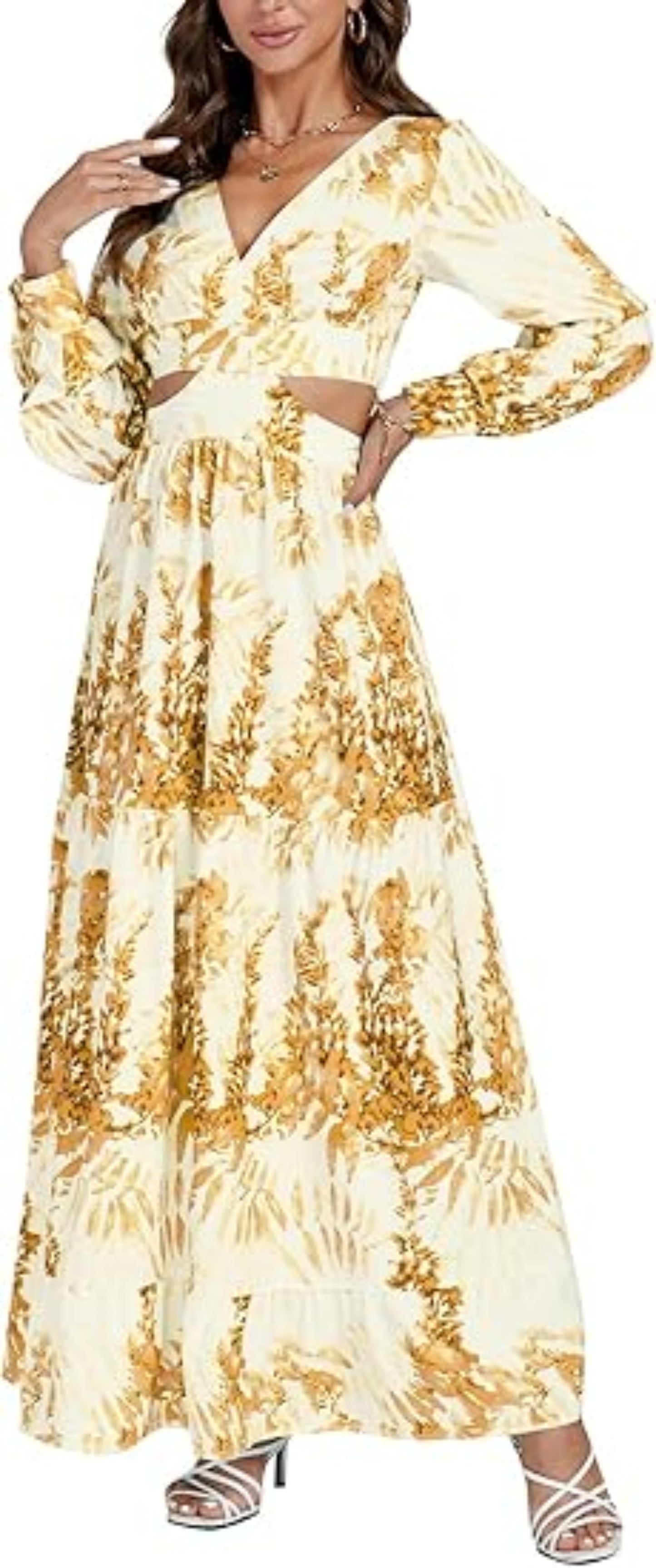 Hollow Floor V-neck Long-sleeved Plant Dress