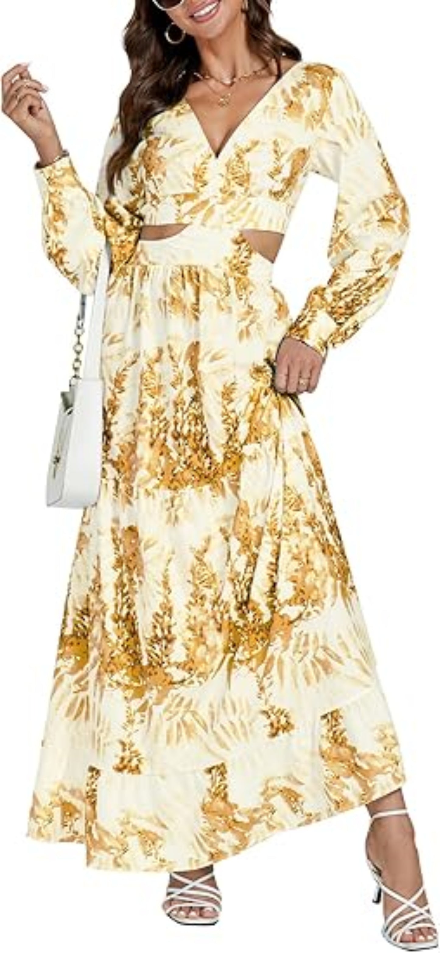 Hollow Floor V-neck Long-sleeved Plant Dress