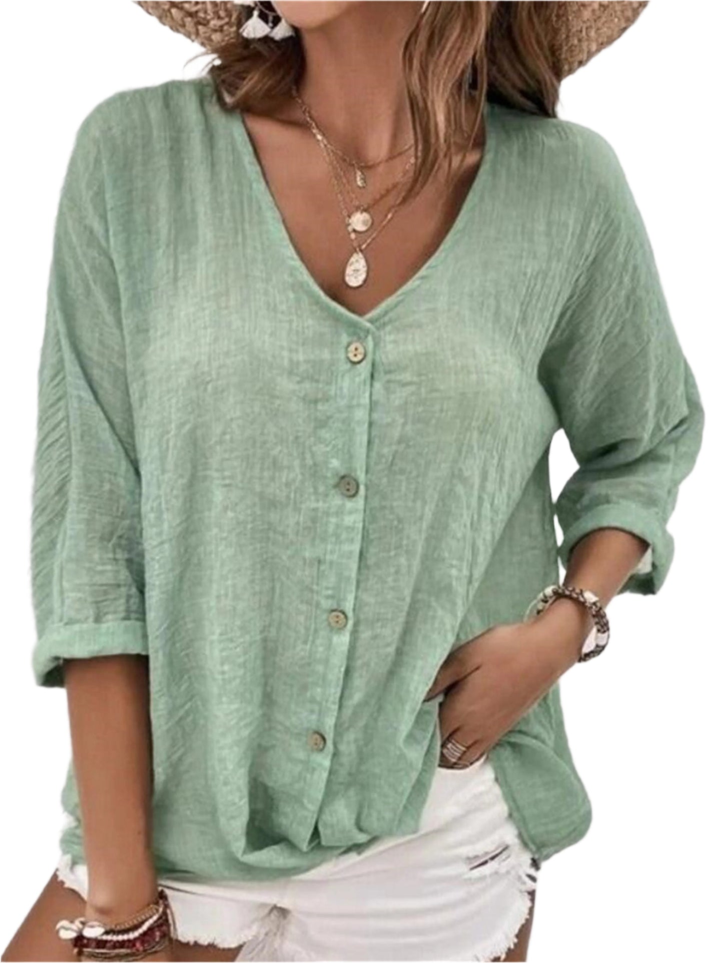 V-neck Long-sleeved T-shirt Fashion Solid Color Button Top Casual Loose Clothing For Women