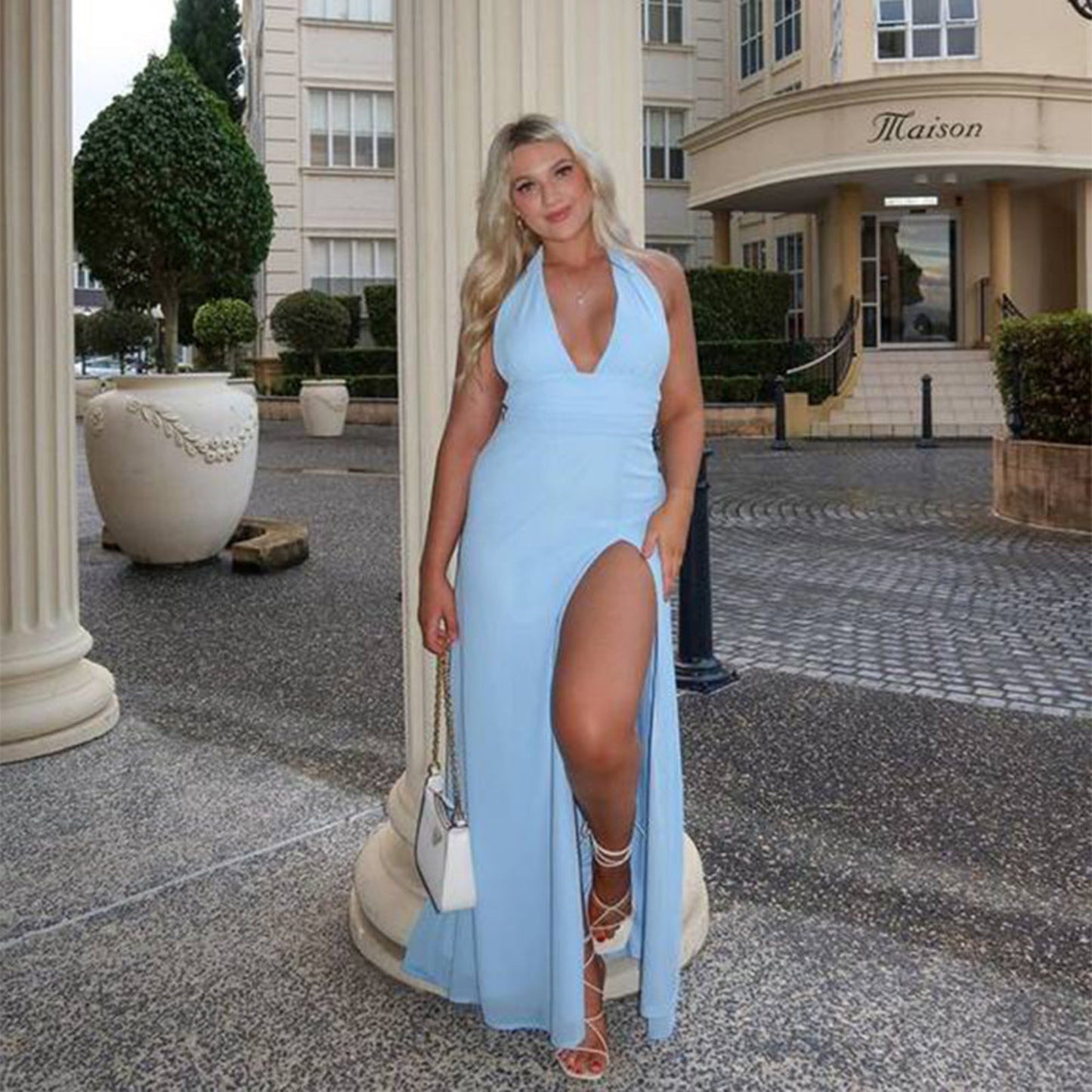 Sexy Halterneck V-neck Slit Dress Summer Backless Strappy Skirt Fashion Temperament Clothing Women