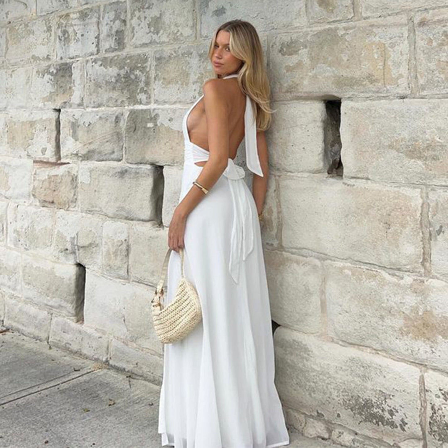 Sexy Halterneck V-neck Slit Dress Summer Backless Strappy Skirt Fashion Temperament Clothing Women