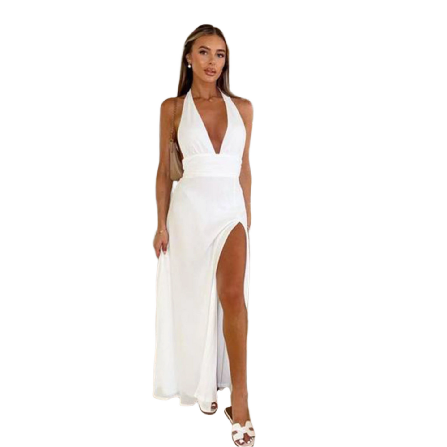Sexy Halterneck V-neck Slit Dress Summer Backless Strappy Skirt Fashion Temperament Clothing Women