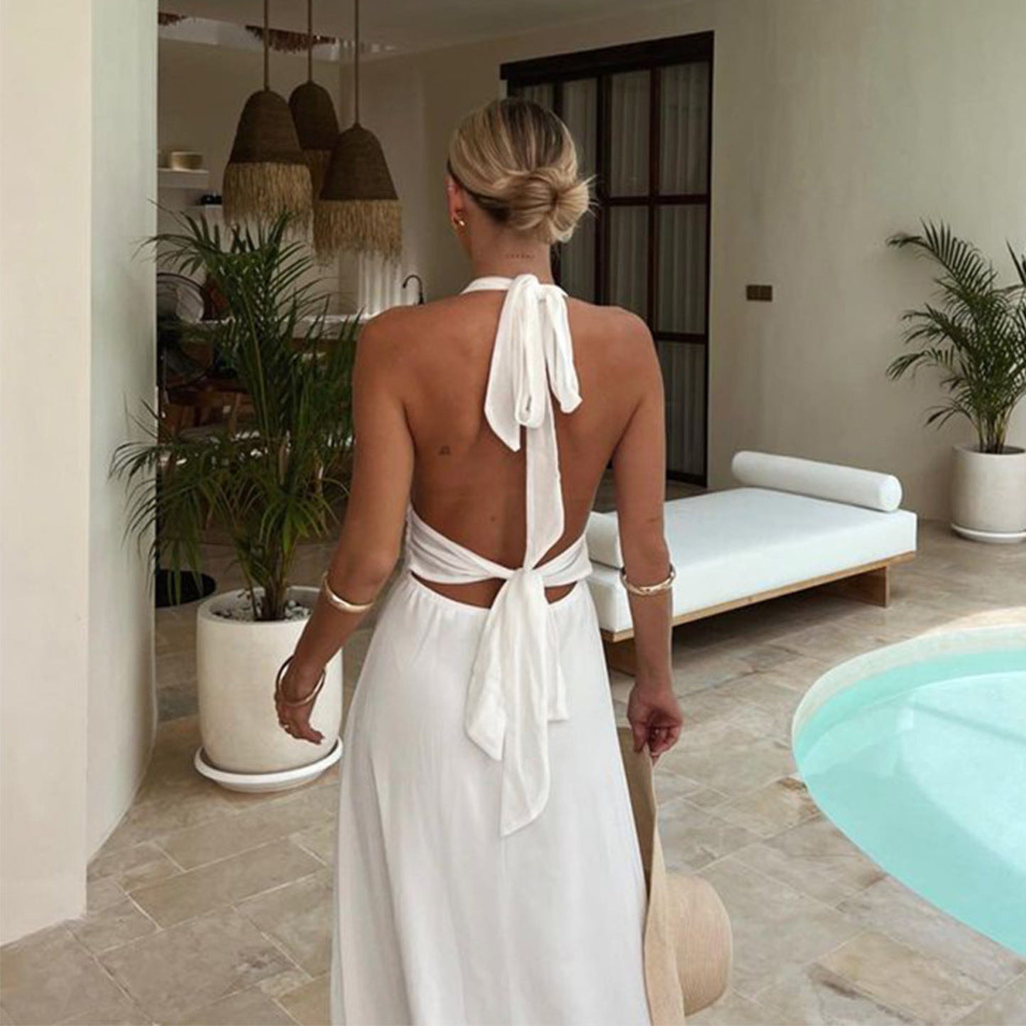 Sexy Halterneck V-neck Slit Dress Summer Backless Strappy Skirt Fashion Temperament Clothing Women