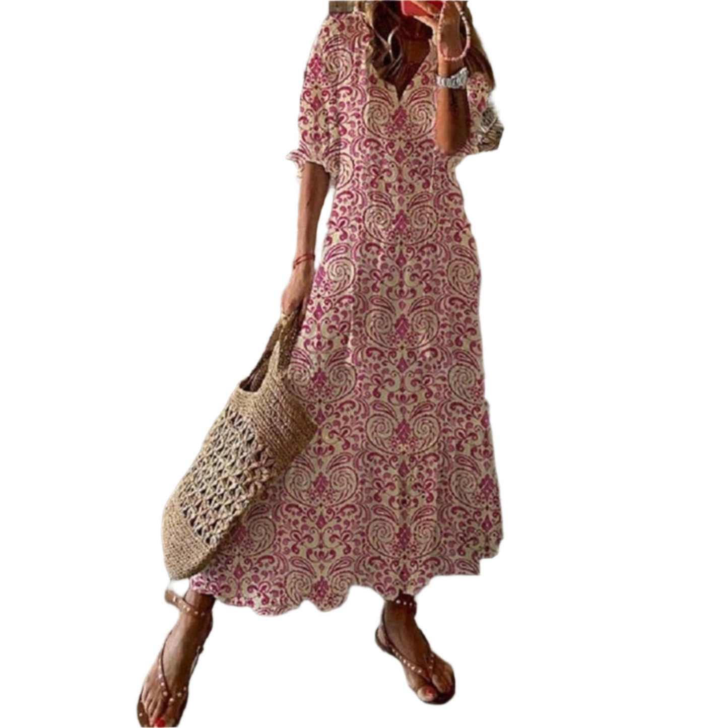 Summer Casual V-Neck Printed Short-Sleeved Mid-Length Dress With Suspenders