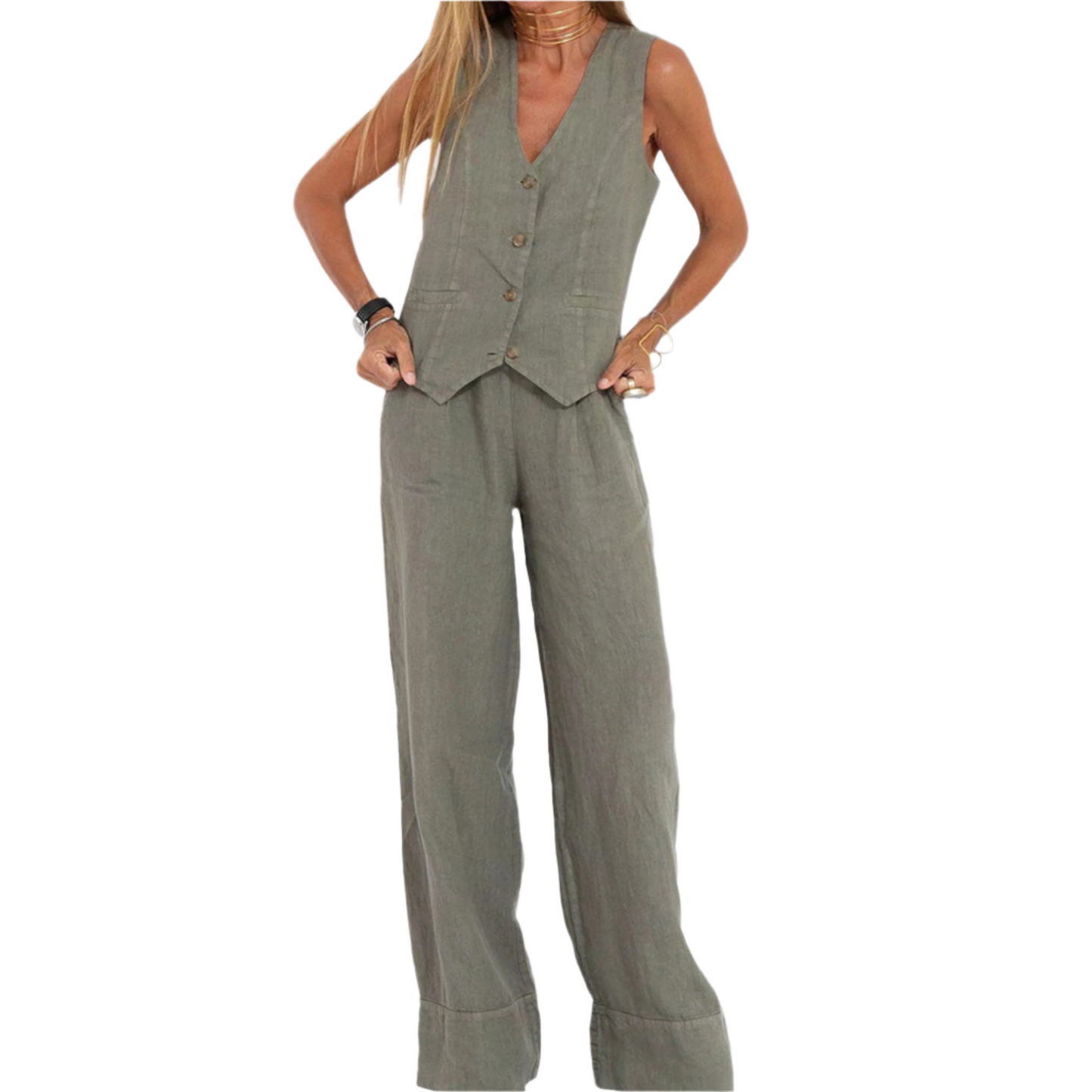 Summer Vest Suits V-neck Botton Sleeveless Top And Loose Straight Trousers Casual Womens Clothing
