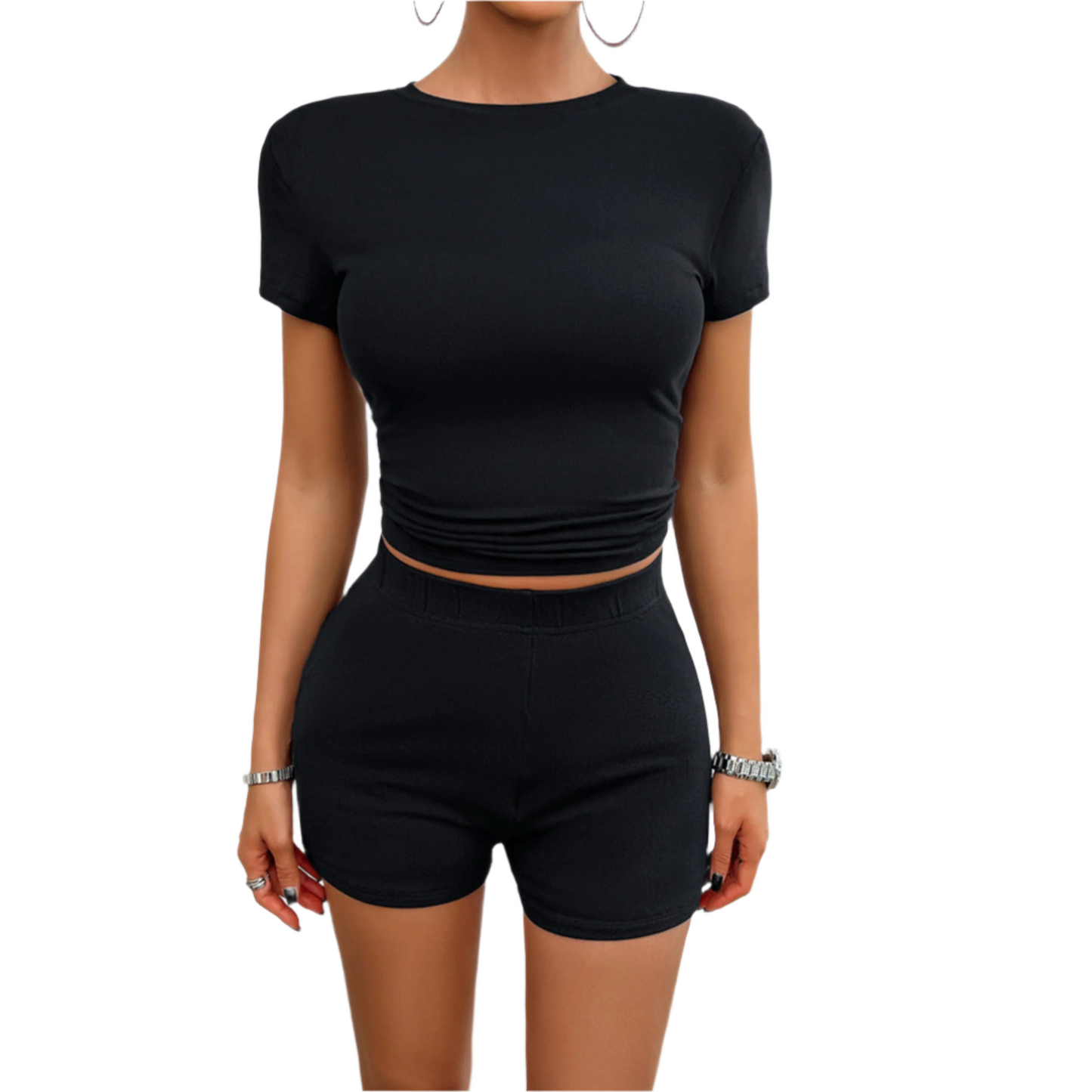 Solid Color Slim Sports Suit Summer 2Pcs Short-sleeved Round Neck T-shirt And Elastic Shorts Fashion Womens Clothing