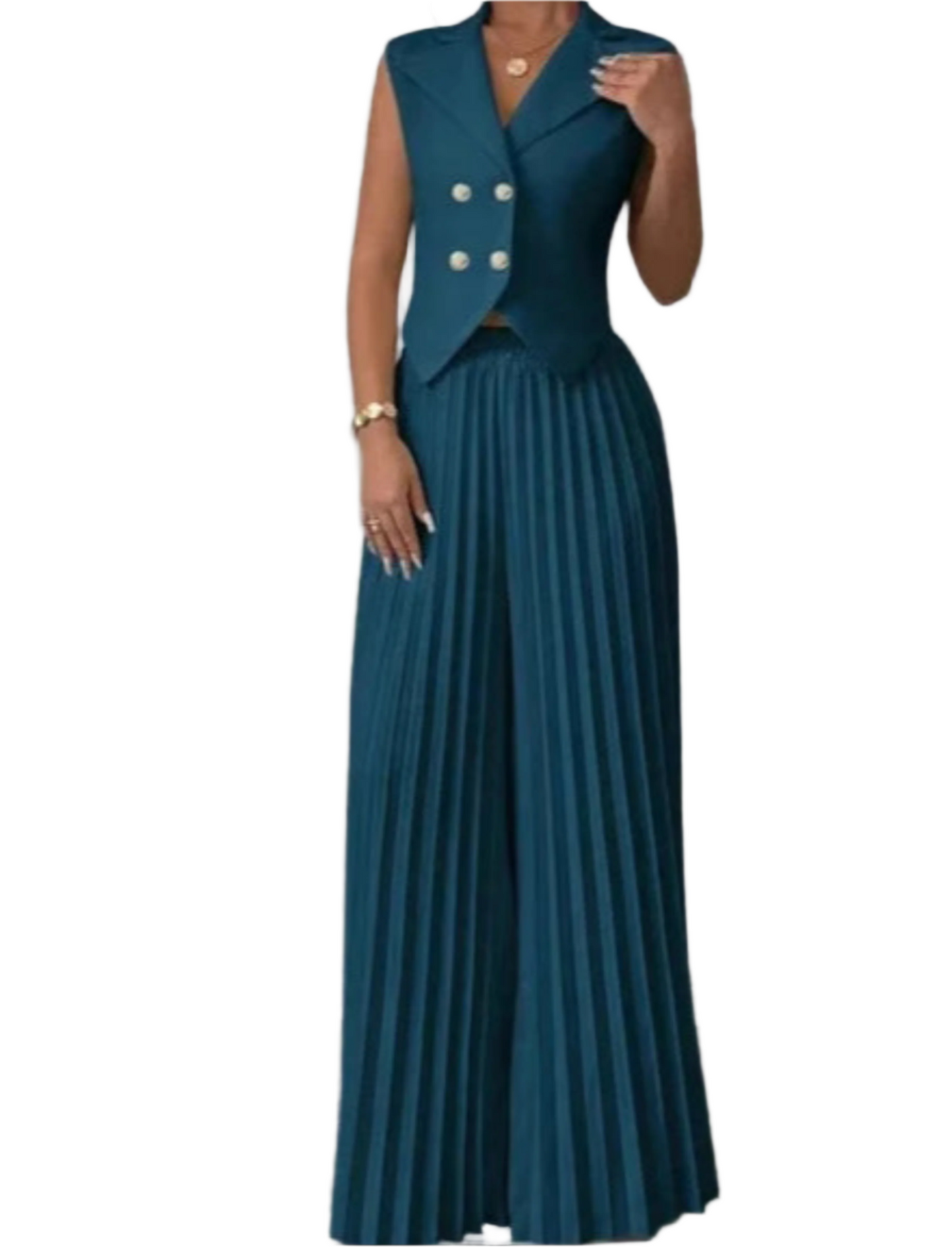Summer Sleeveless Suit Fashion Lapel Button Vest Top And Pleated Straight Pants Women's Trousers Set Clothing