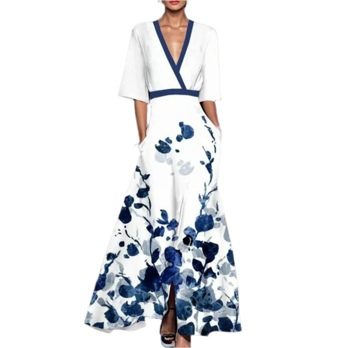 Summer V-neck Split Short-sleeved Dress Fashion Flower Print A-line Long Dresses Party Club Beach Clothing For Women