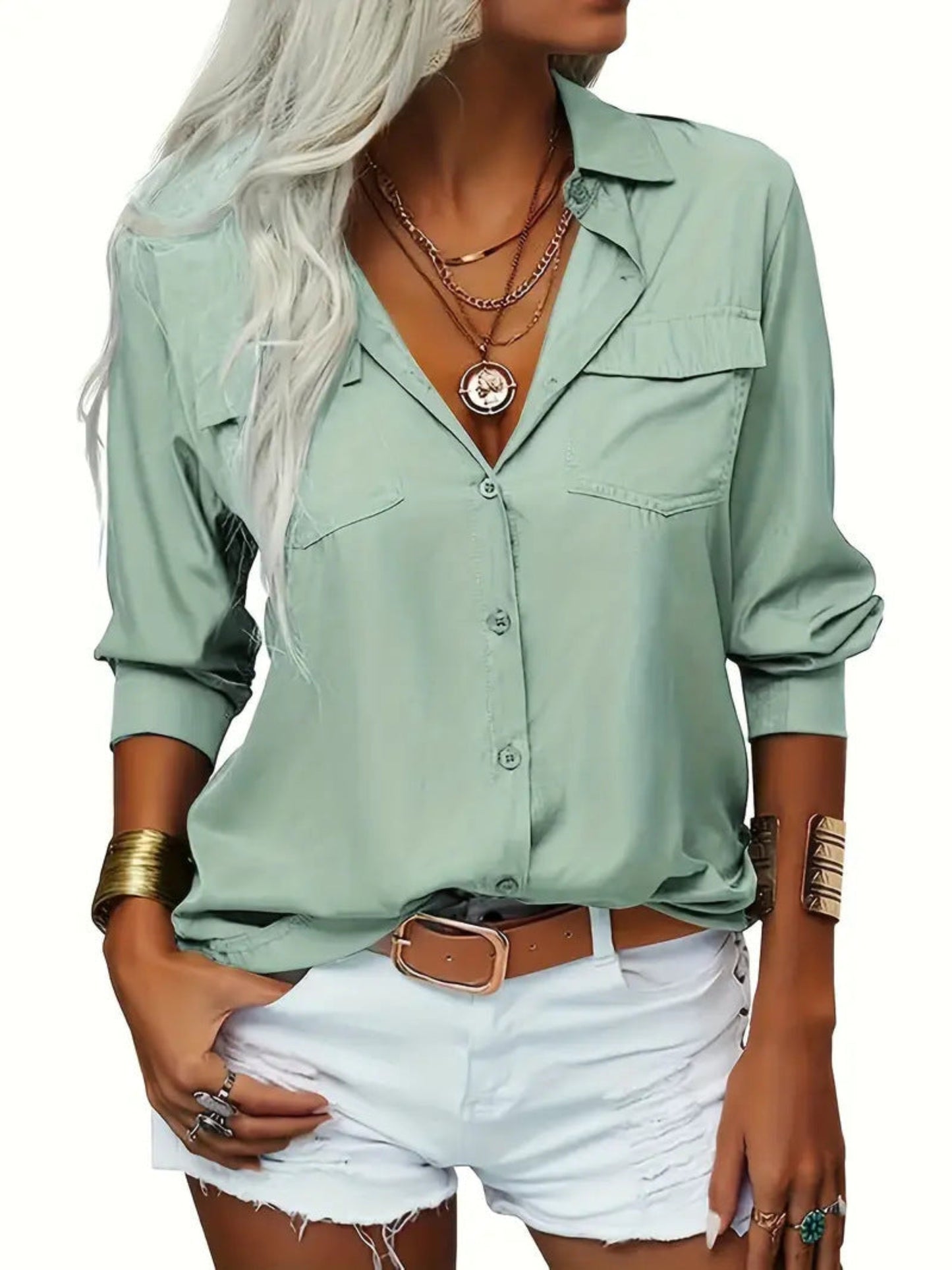 Women's Elegant Solid Chiffon Blouse Spring Summer Casual Long Sleeve V Neck Loose Shirt Office Lady Tunics Tops