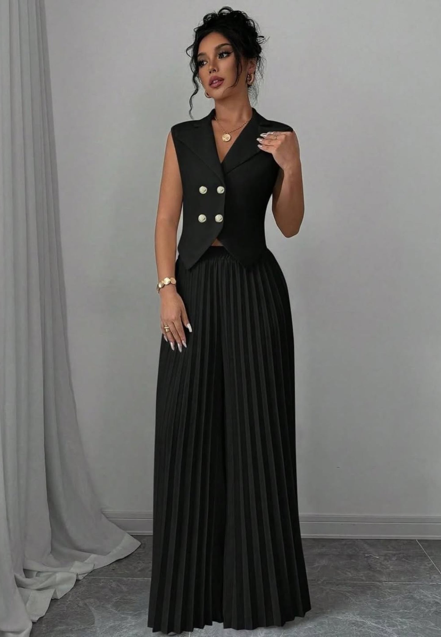 Summer Sleeveless Suit Fashion Lapel Button Vest Top And Pleated Straight Pants Women's Trousers Set Clothing