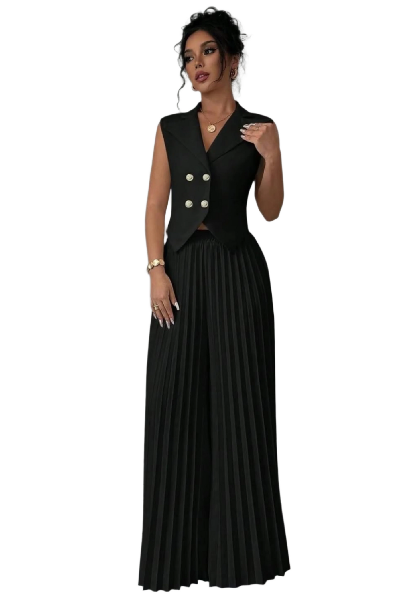 Summer Sleeveless Suit Fashion Lapel Button Vest Top And Pleated Straight Pants Women's Trousers Set Clothing