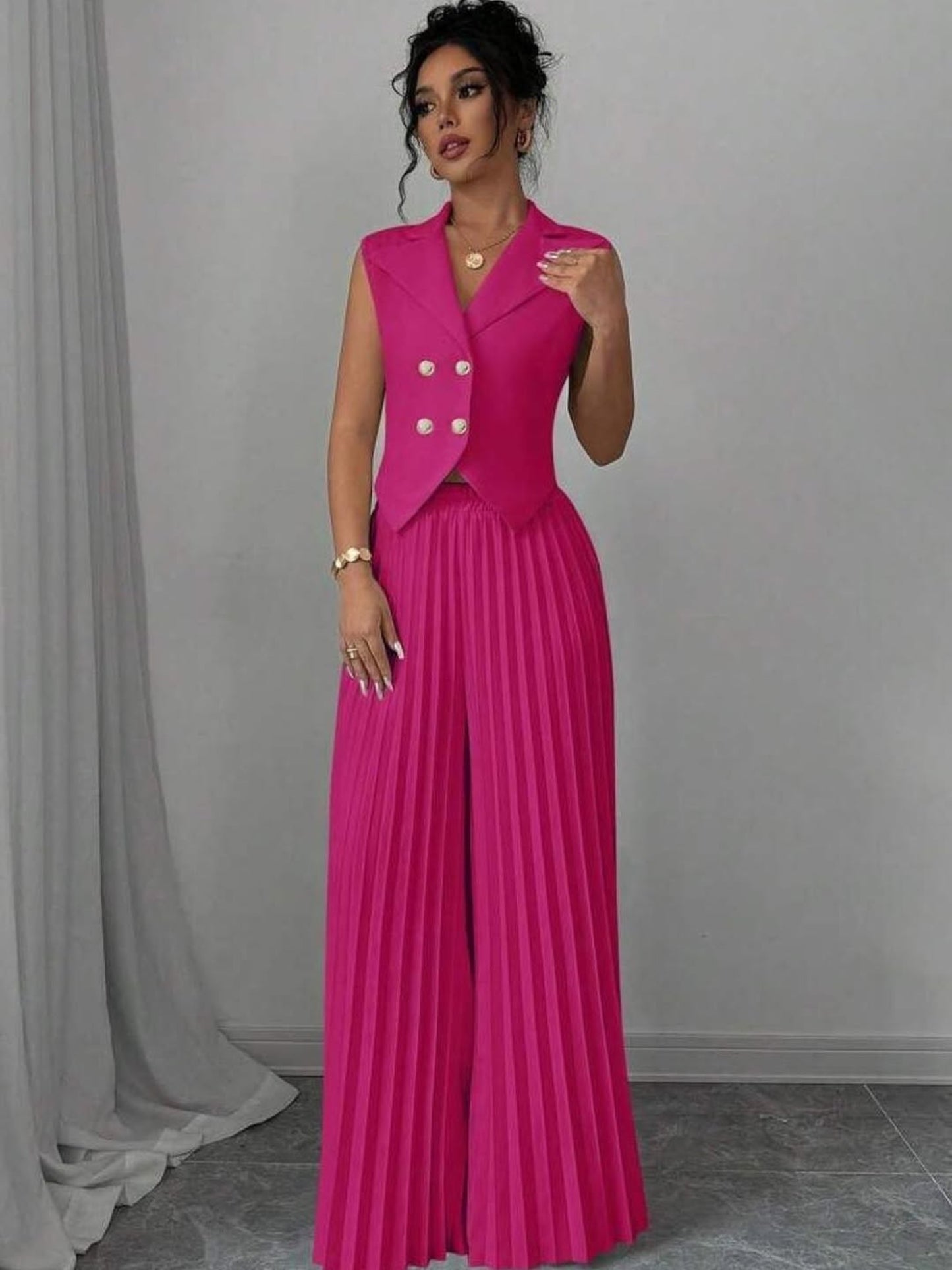 Summer Sleeveless Suit Fashion Lapel Button Vest Top And Pleated Straight Pants Women's Trousers Set Clothing