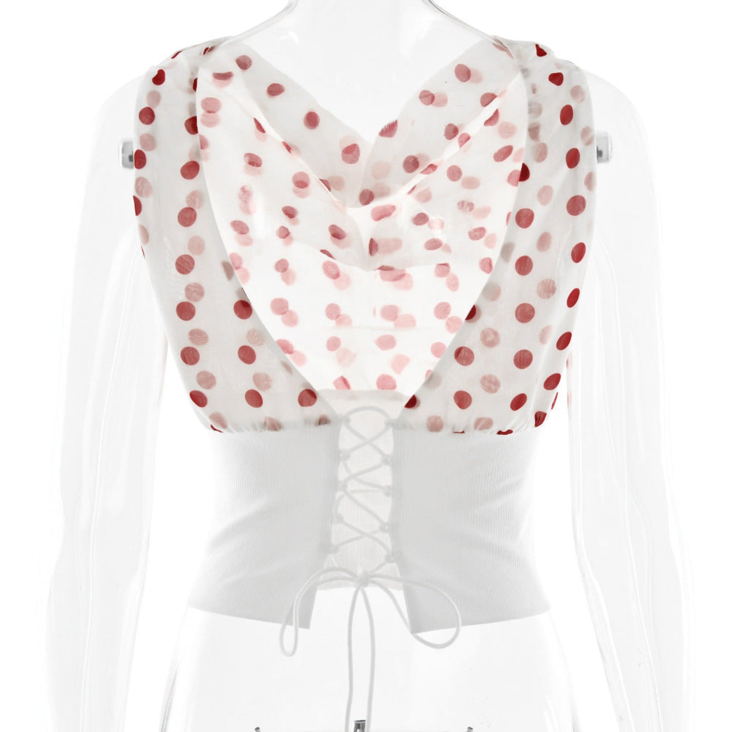 Polka Dots Print Oblique Shoulder Tops Summer Patchwork Chiffon Crop Top Women Sexy Sleeveless Lace Up Backless Blouse Casual Streetwear Tee