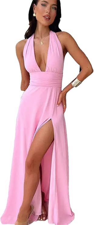 Sexy Halterneck V-neck Slit Dress Summer Backless Strappy Skirt Fashion Temperament Clothing Women