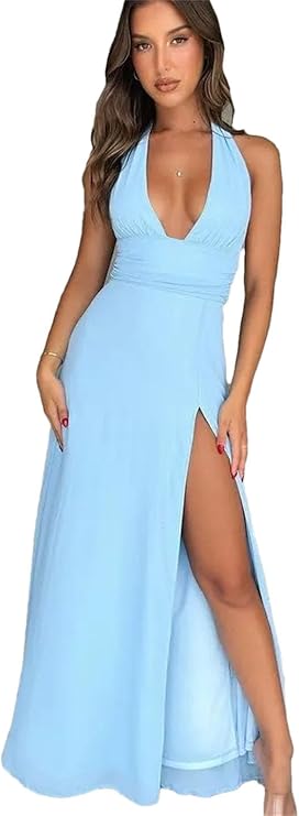 Sexy Halterneck V-neck Slit Dress Summer Backless Strappy Skirt Fashion Temperament Clothing Women