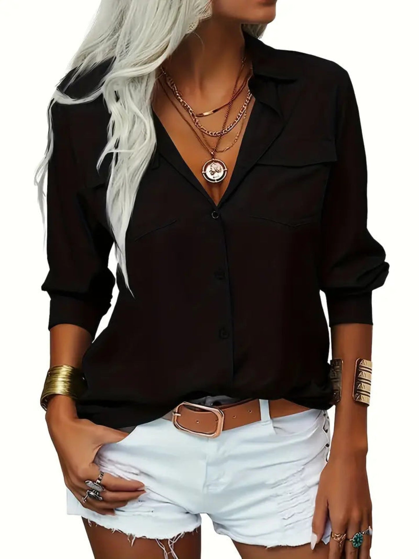 Women's Elegant Solid Chiffon Blouse Spring Summer Casual Long Sleeve V Neck Loose Shirt Office Lady Tunics Tops