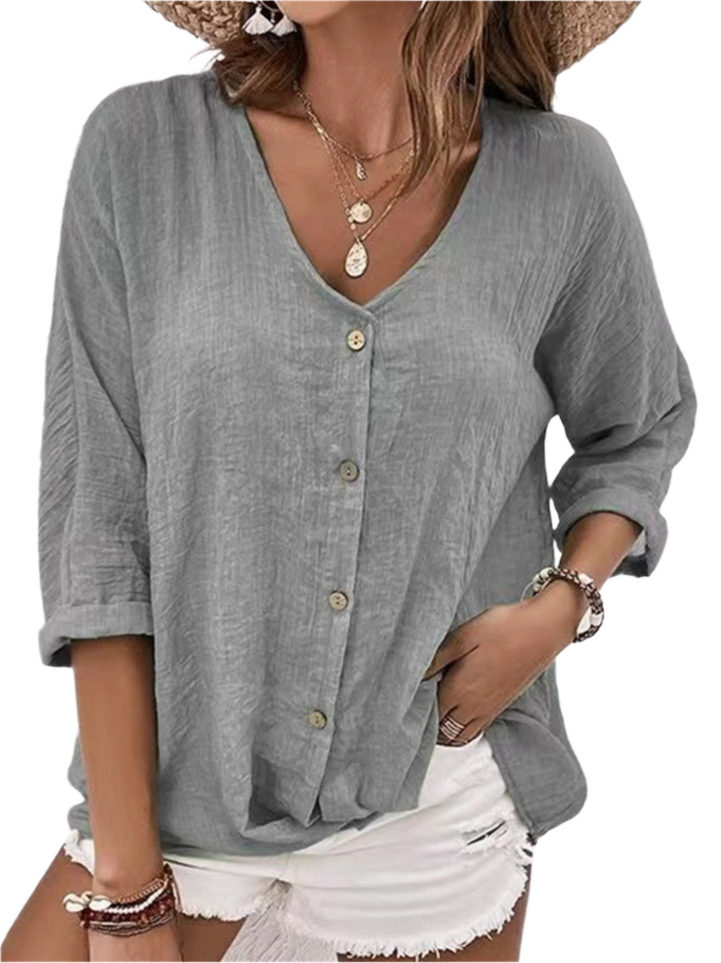 V-neck Long-sleeved T-shirt Fashion Solid Color Button Top Casual Loose Clothing For Women
