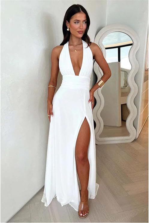 Sexy Halterneck V-neck Slit Dress Summer Backless Strappy Skirt Fashion Temperament Clothing Women