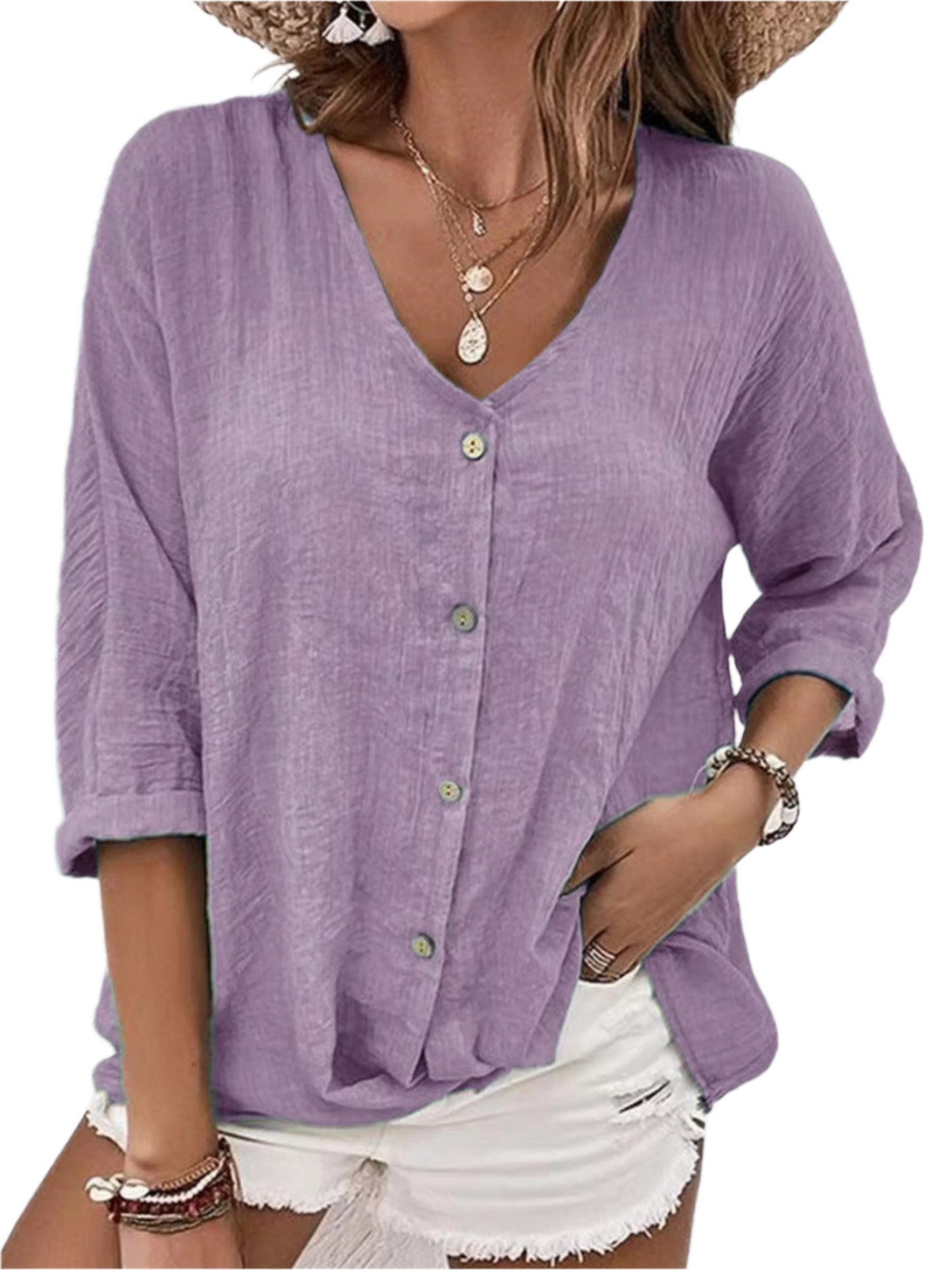 V-neck Long-sleeved T-shirt Fashion Solid Color Button Top Casual Loose Clothing For Women