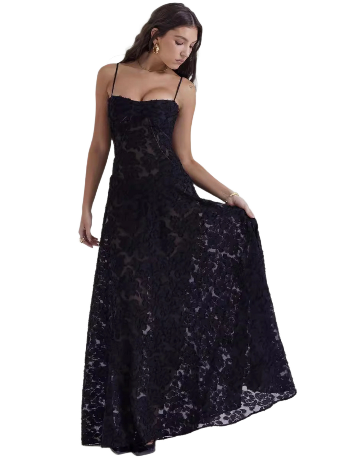Sexy Flowers Lace Suspender Dress Summer Fashion Slim Back Lace-up Long Dresses Party Evening Club Clothing For Women