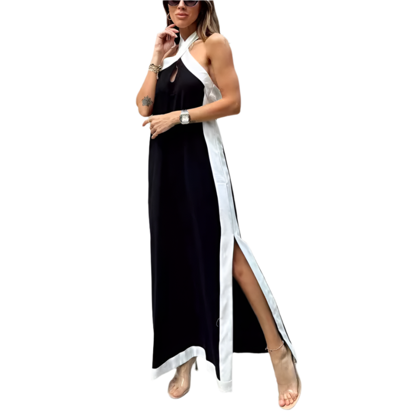 Cotton And Linen Backless Halter Split Dress