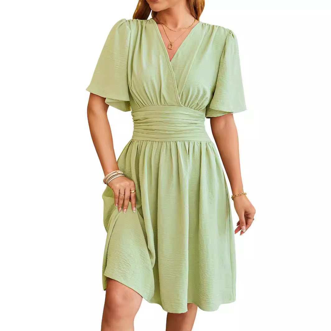 V-neck Fitted Waist Flare-sleeve Fashion Dress Women
