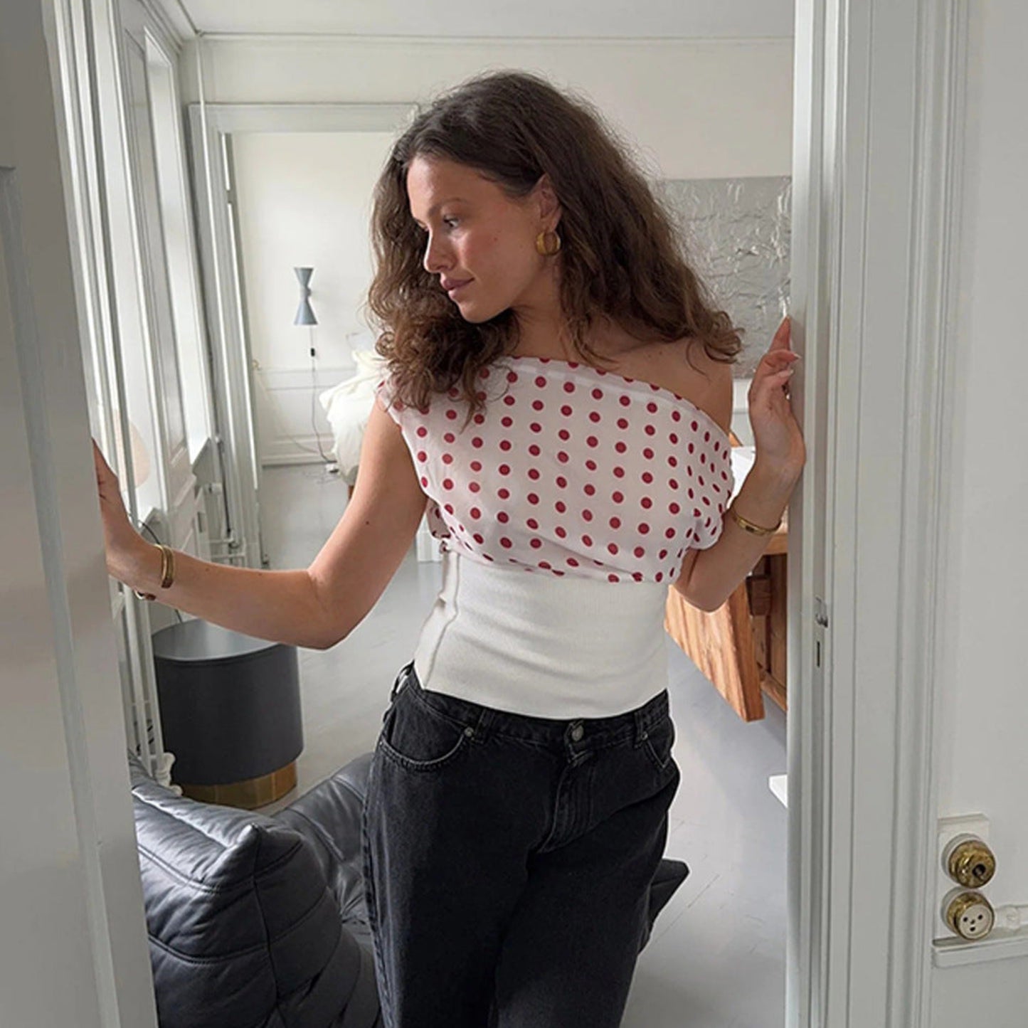 Polka Dots Print Oblique Shoulder Tops Summer Patchwork Chiffon Crop Top Women Sexy Sleeveless Lace Up Backless Blouse Casual Streetwear Tee
