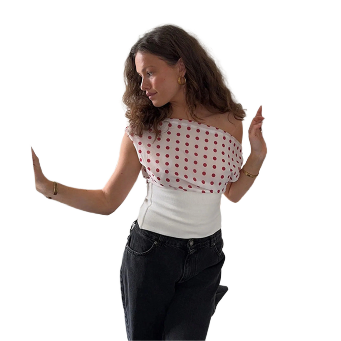 Polka Dots Print Oblique Shoulder Tops Summer Patchwork Chiffon Crop Top Women Sexy Sleeveless Lace Up Backless Blouse Casual Streetwear Tee