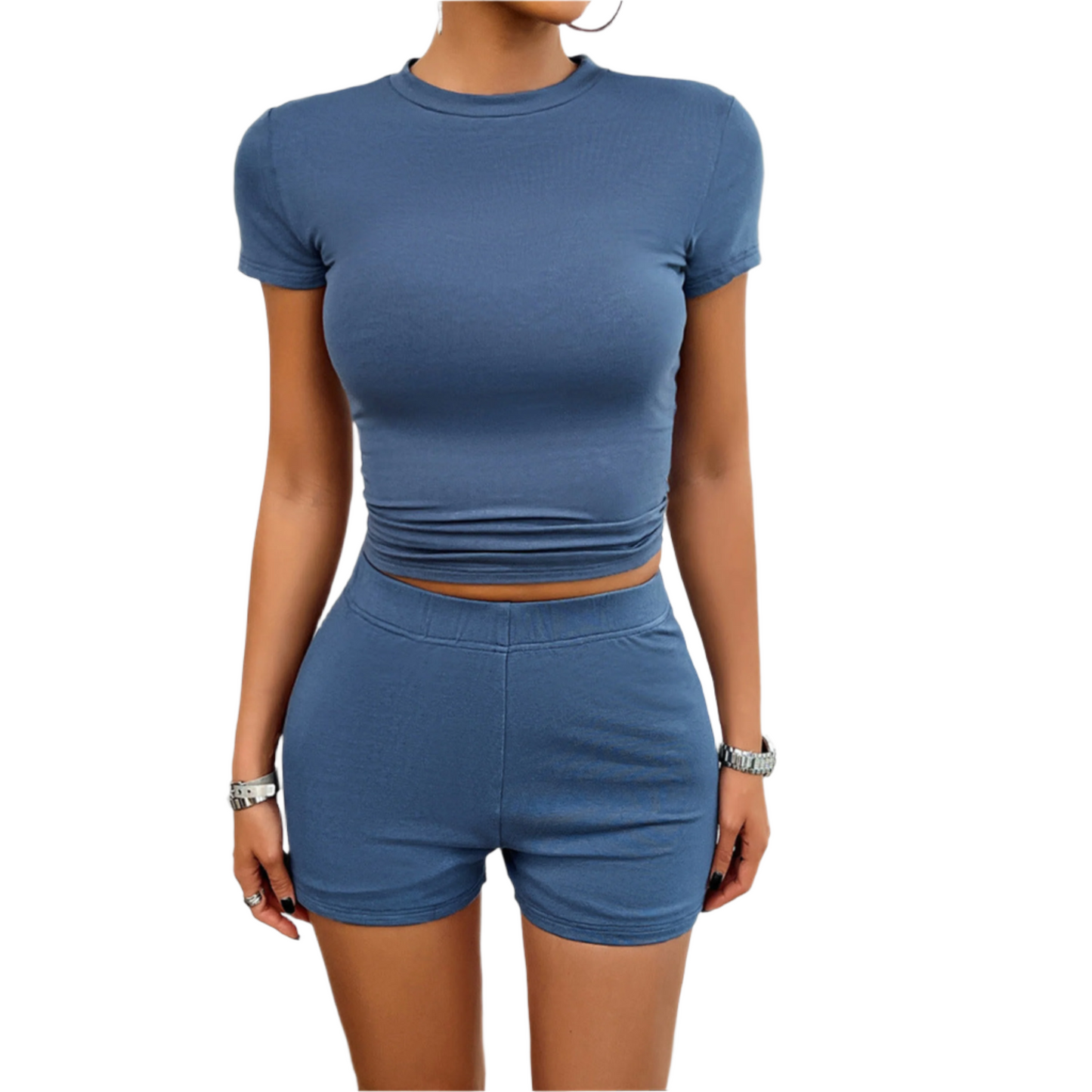 Solid Color Slim Sports Suit Summer 2Pcs Short-sleeved Round Neck T-shirt And Elastic Shorts Fashion Womens Clothing
