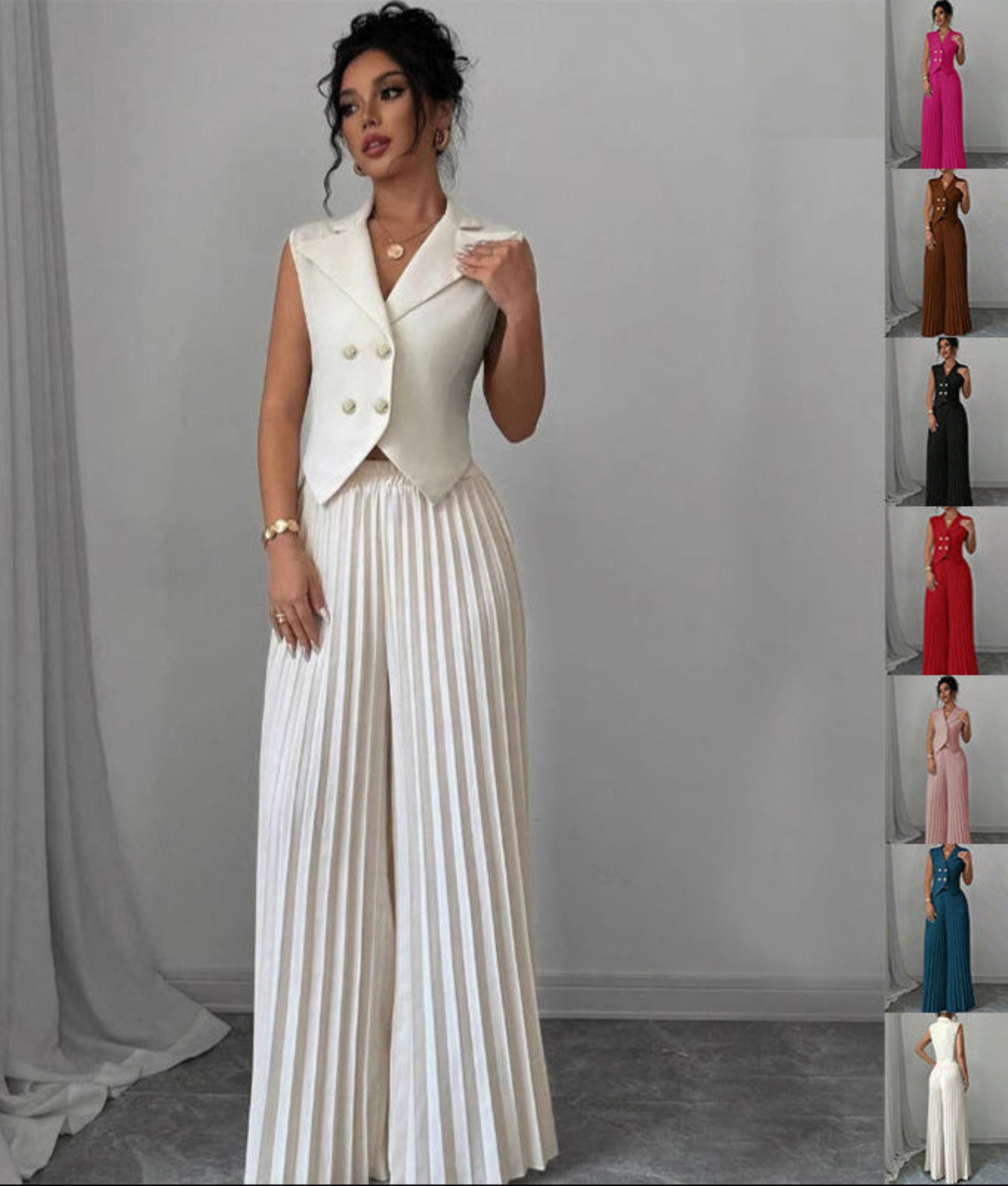 Summer Sleeveless Suit Fashion Lapel Button Vest Top And Pleated Straight Pants Women's Trousers Set Clothing