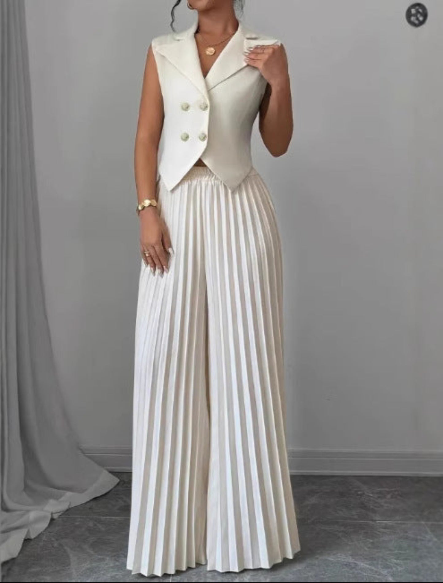 Summer Sleeveless Suit Fashion Lapel Button Vest Top And Pleated Straight Pants Women's Trousers Set Clothing