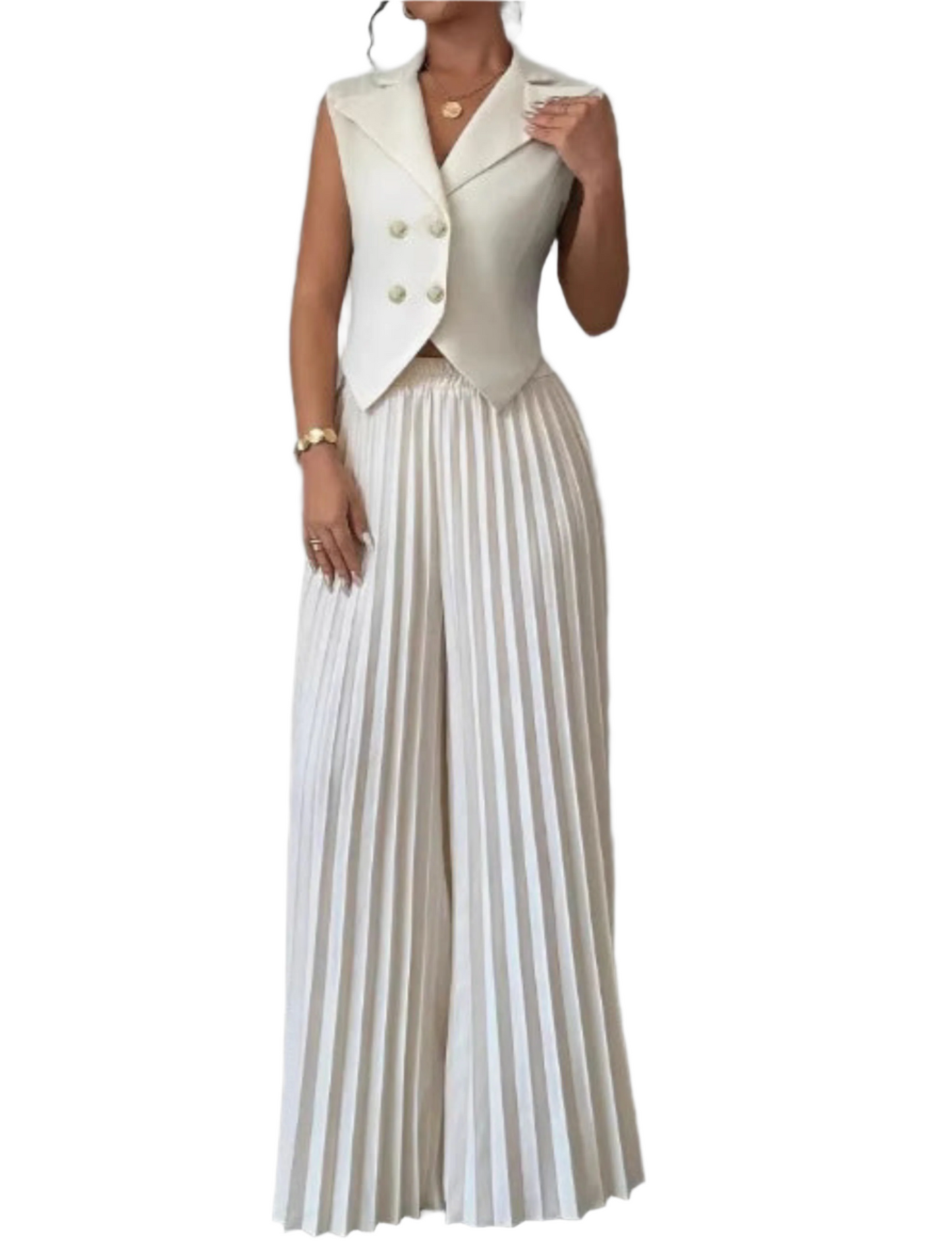 Summer Sleeveless Suit Fashion Lapel Button Vest Top And Pleated Straight Pants Women's Trousers Set Clothing