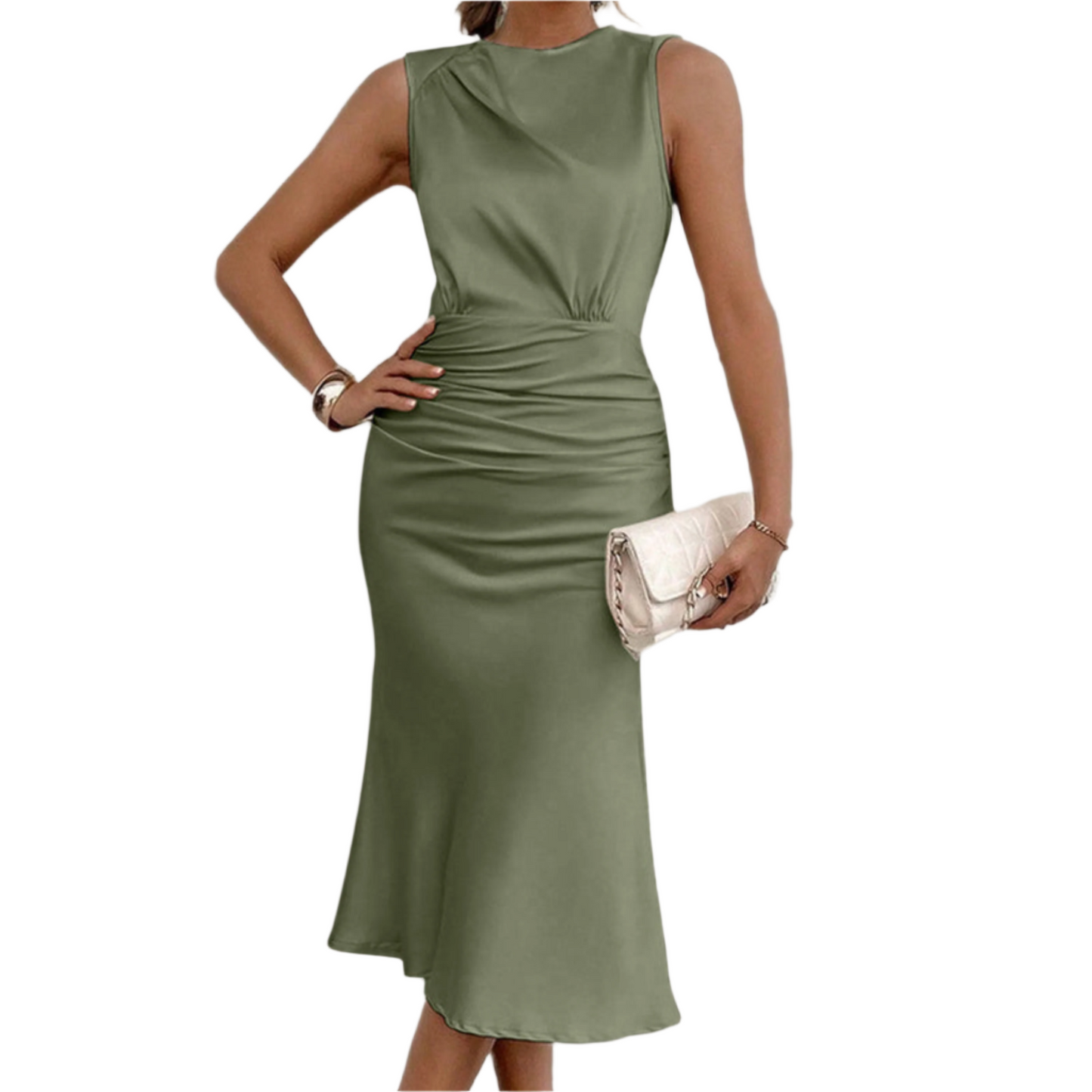 Women's Summer Sleeveless Tank Dress Crew Neck Slim Fit Ruched Bodycon Dress Casual Party Club Dress